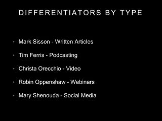 D I F F E R E N T I A T O R S B Y T Y P E
• Mark Sisson - Written Articles
• Tim Ferris - Podcasting
• Christa Orecchio - Video
• Robin Oppenshaw - Webinars
• Mary Shenouda - Social Media
 