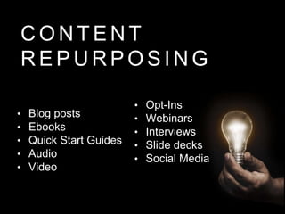 C O N T E N T
R E P U R P O S I N G
• Blog posts
• Ebooks
• Quick Start Guides
• Audio
• Video
• Opt-Ins
• Webinars
• Interviews
• Slide decks
• Social Media
 
