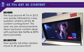 BIG NEWS
The buzz around 4K TVs in 2013
was quickly followed by a key
question: where is all the 4K
content coming from? This
year, we saw announcements
about exclusive content deals
with partners like Netflix & ESPN
(Sony pictured).
BIG QUESTION
How quickly will other creators
move to 4K production?

 
