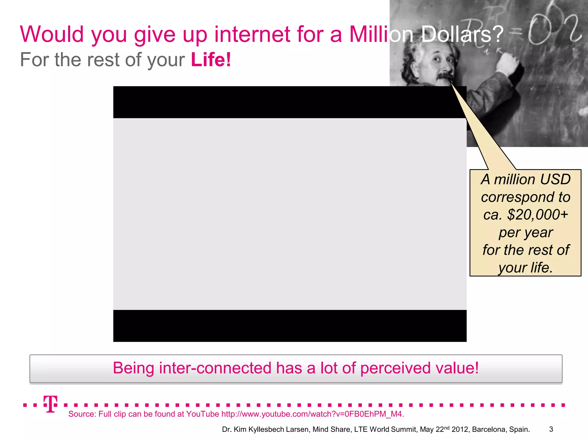 Would you give up internet for a Million Dollars?
For the rest of your Life!




                                                                                                                     A million USD
                                                                                                                     correspond to
                                                                                                                     ca. $20,000+
                                                                                                                        per year
                                                                                                                     for the rest of
                                                                                                                        your life.




                Being inter-connected has a lot of perceived value!

     Source: Full clip can be found at YouTube http://www.youtube.com/watch?v=0FB0EhPM_M4.
                                           Dr. Kim Kyllesbech Larsen, Mind Share, LTE World Summit, May 22nd 2012, Barcelona, Spain.   3
 