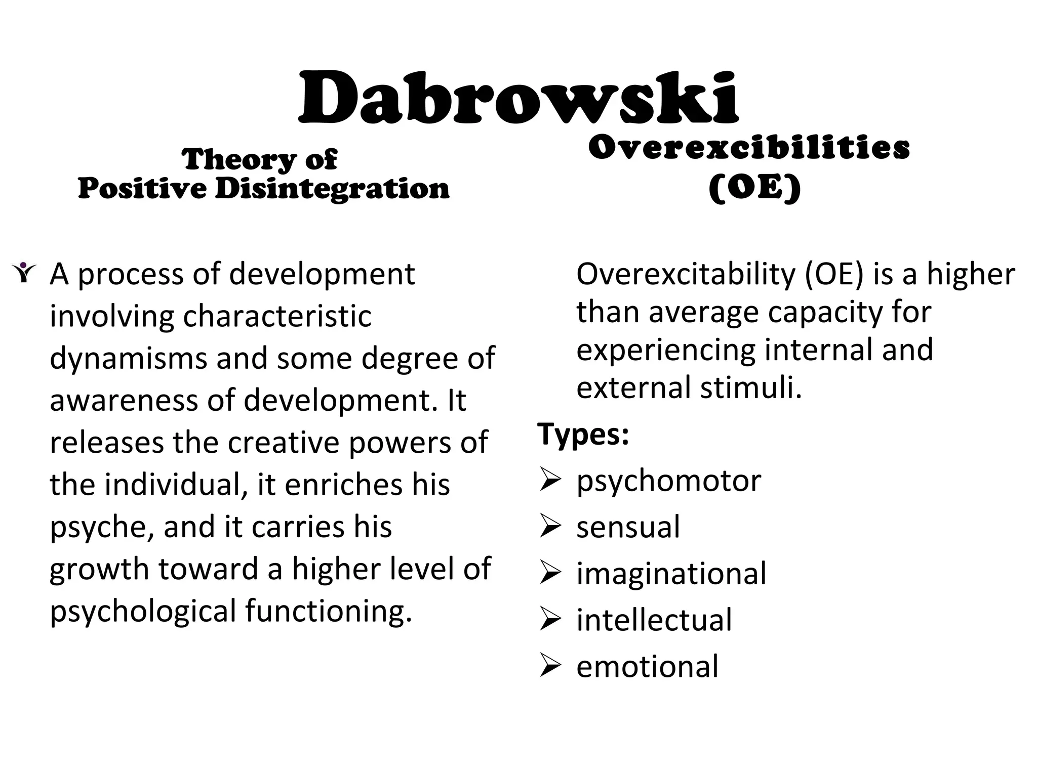 Dabrowski Theory of  Positive Disintegration A process of development involving characteristic dynamisms and some degree of awareness of development. It releases the creative powers of the individual, it enriches his psyche, and it carries his growth toward a higher level of psychological functioning. Overexcibilities  (OE) Overexcitability (OE) is a higher than average capacity for experiencing internal and external stimuli. Types: psychomotor  sensual  imaginational  intellectual  emotional  