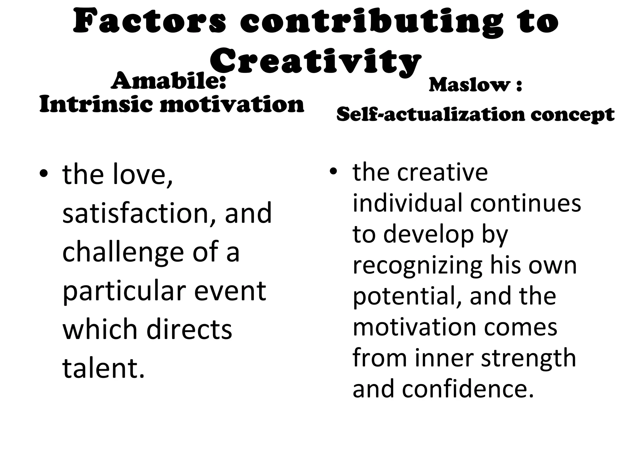 Factors contributing to Creativity Amabile:  Intrinsic motivation the love, satisfaction, and challenge of a particular event which directs talent. Maslow :  Self-actualization concept  the creative individual continues to develop by recognizing his own potential, and the motivation comes from inner strength and confidence.  