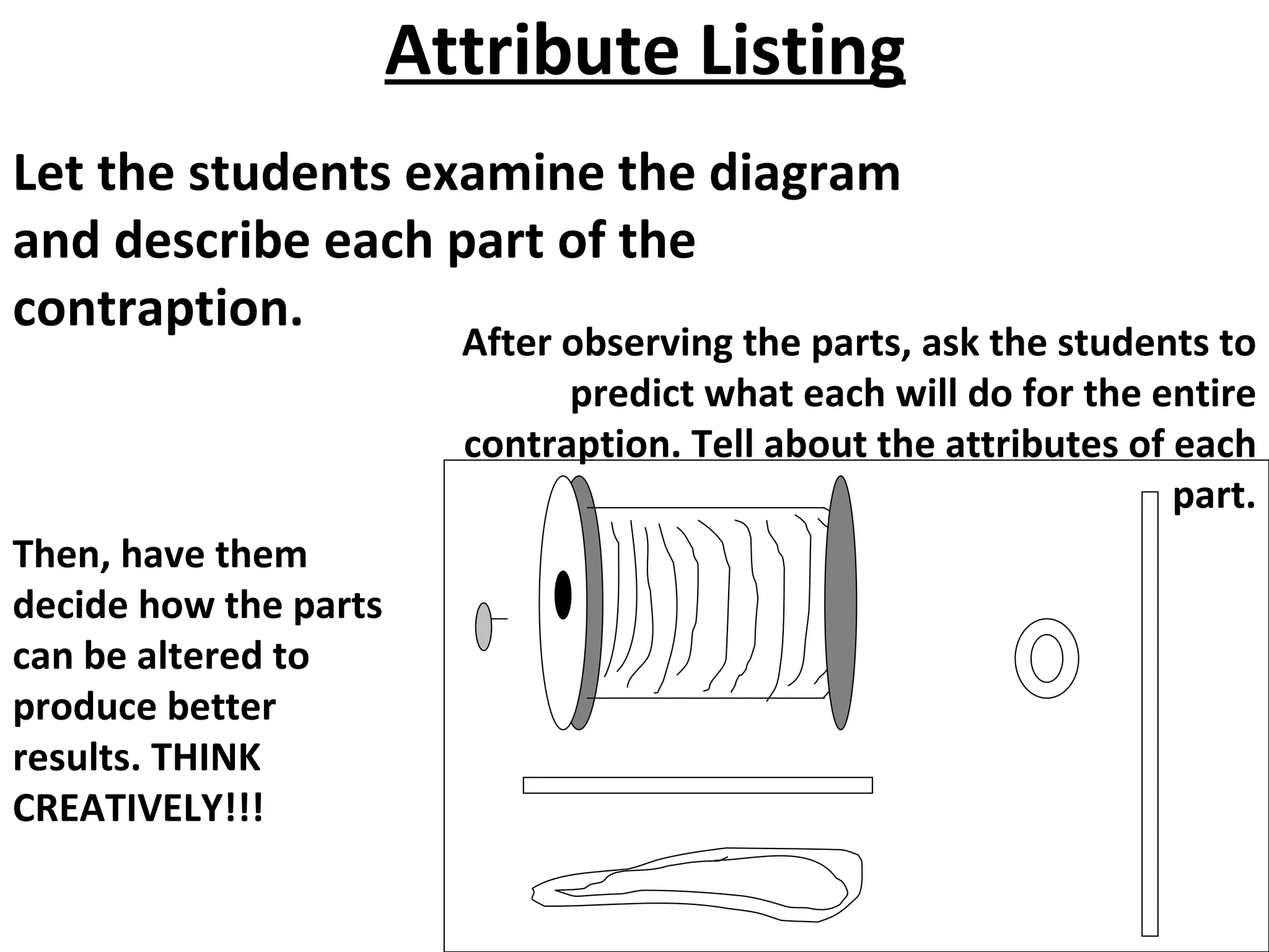 Attribute Listing Let the students examine the diagram and describe each part of the contraption. After observing the parts, ask the students to predict what each will do for the entire contraption. Tell about the attributes of each part. Then, have them decide how the parts can be altered to produce better results. THINK CREATIVELY!!! 