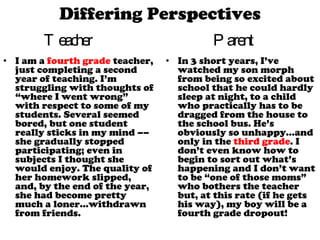 Teacher  I am a  fourth grade  teacher, just completing a second year of teaching. I’m struggling with thoughts of “where I went wrong” with respect to some of my students. Several seemed bored, but one student really sticks in my mind –– she gradually stopped participating; even in subjects I thought she would enjoy. The quality of her homework slipped, and, by the end of the year, she had become pretty much a loner…withdrawn from friends. Parent  In 3 short years, I’ve watched my son morph from being so excited about school that he could hardly sleep at night, to a child who practically has to be dragged from the house to the school bus. He’s obviously so unhappy…and only in the  third grade . I don’t even know how to begin to sort out what’s happening and I don’t want to be “one of those moms” who bothers the teacher but, at this rate (if he gets his way), my boy will be a fourth grade dropout! Differing Perspectives 