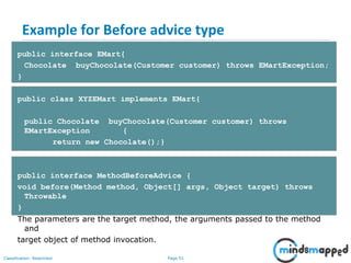 Page 51Classification: Restricted
Example for Before advice type
public interface EMart{
Chocolate buyChocolate(Customer customer) throws EMartException;
}
public class XYZEMart implements EMart{
public Chocolate buyChocolate(Customer customer) throws
EMartException {
return new Chocolate();}
}
public interface MethodBeforeAdvice {
void before(Method method, Object[] args, Object target) throws
Throwable
}
The parameters are the target method, the arguments passed to the method
and
target object of method invocation.
 