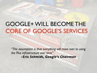 GOOGLE+ WILL BECOME THE
CORE OF GOOGLE’S SERVICES

 “The assumption is that everything will move over to using
 the Plus infrastructure over time”
         -Eric Schmidt, Google’s Chairman
 
