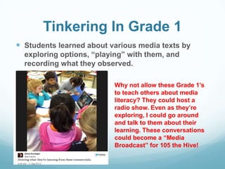 Tinkering In Grade 1
 Students learned about various media texts by
exploring options, “playing” with them, and
recording what they observed.
Why not allow these Grade 1’s
to teach others about media
literacy? They could host a
radio show. Even as they’re
exploring, I could go around
and talk to them about their
learning. These conversations
could become a “Media
Broadcast” for 105 the Hive!
 