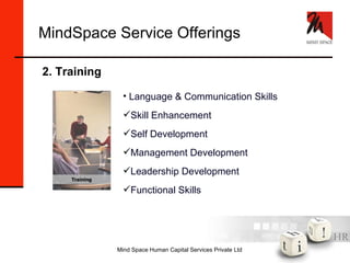 MindSpace Service Offerings 2. Training Language & Communication Skills Skill Enhancement Self Development Management Development Leadership Development Functional Skills Training 