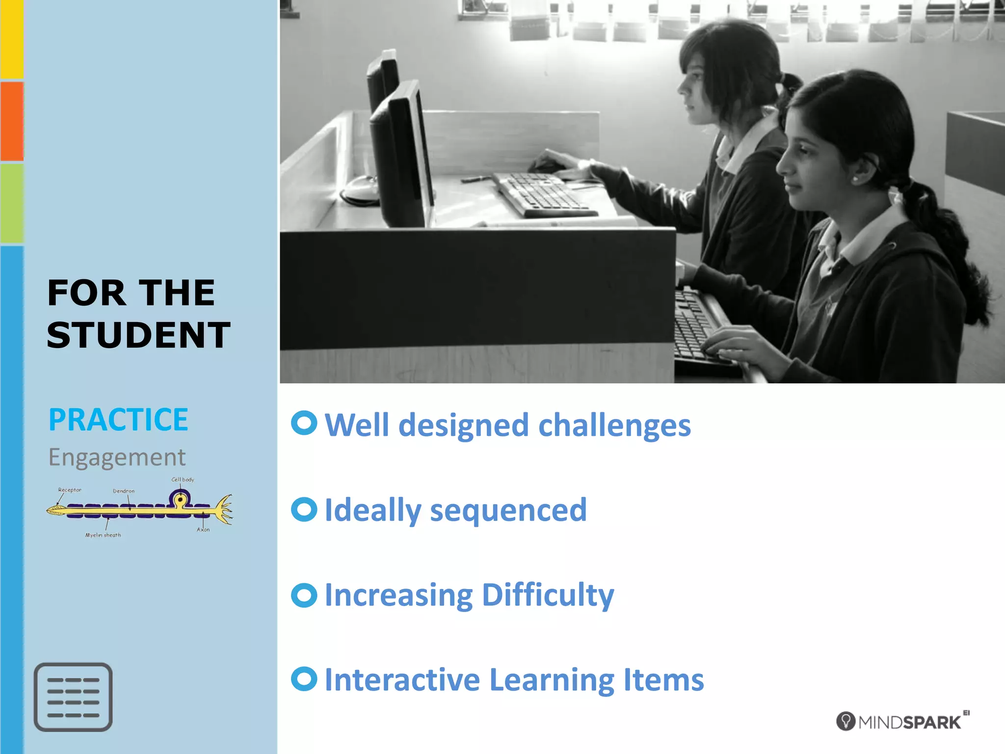 FOR THE
STUDENT

PRACTICE     Well designed challenges
Engagement

             Ideally sequenced

             Increasing Difficulty

             Interactive Learning Items
 