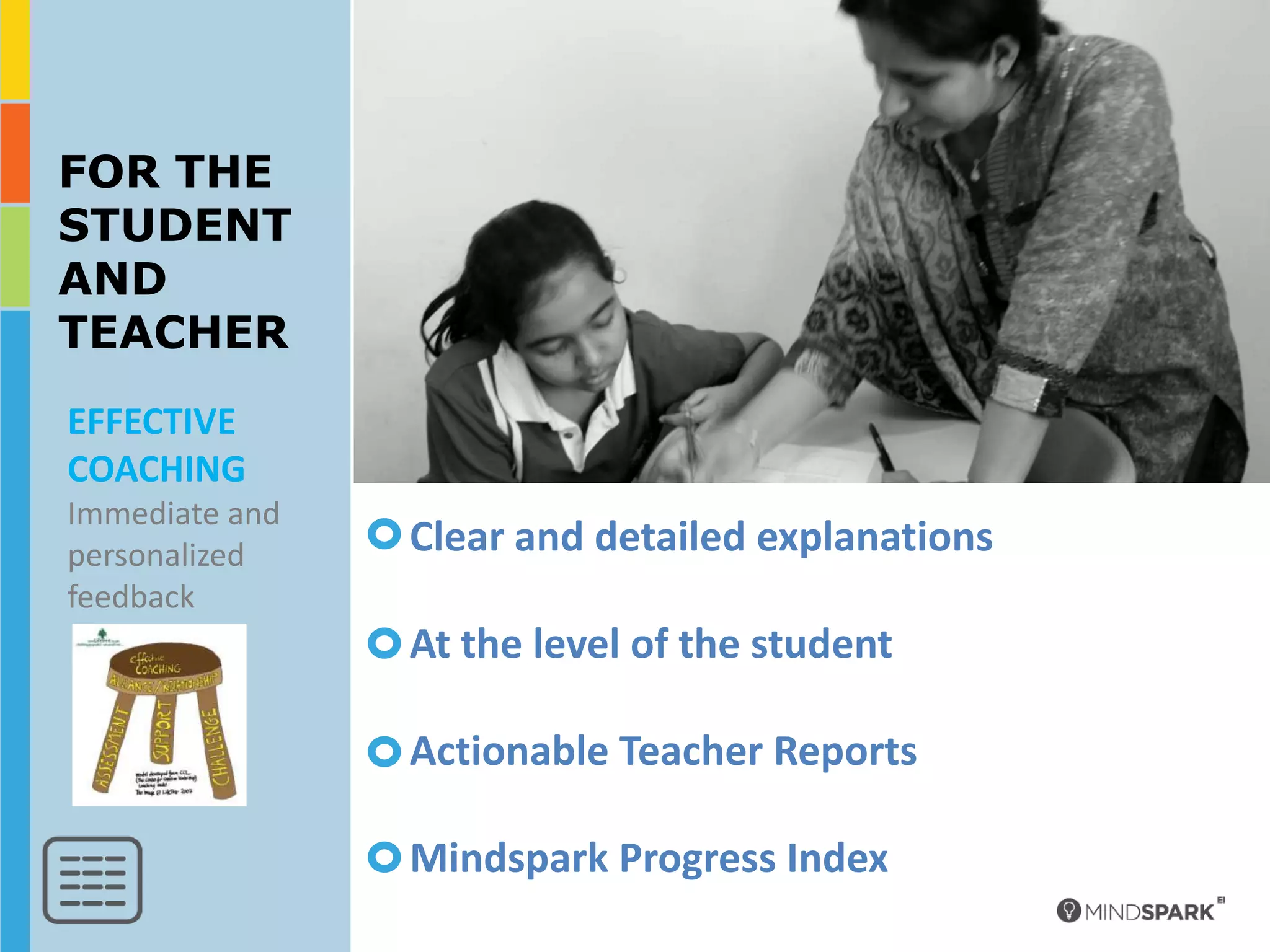 FOR THE
STUDENT
AND
TEACHER
EFFECTIVE
COACHING
Immediate and
personalized    Clear and detailed explanations
feedback
                At the level of the student

                Actionable Teacher Reports

                Mindspark Progress Index
 