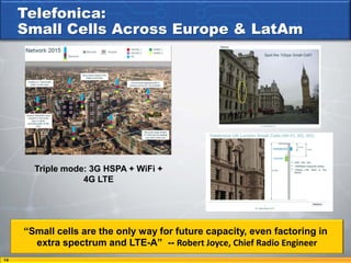 Telefonica:
     Small Cells Across Europe & LatAm




       Triple mode: 3G HSPA + WiFi +
                  4G LTE




     “Small cells are the only way for future capacity, even factoring in
       extra spectrum and LTE-A” -- Robert Joyce, Chief Radio Engineer
14
 
