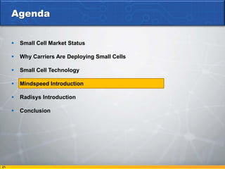 Agenda


        Small Cell Market Status

        Why Carriers Are Deploying Small Cells

        Small Cell Technology

        Mindspeed Introduction

        Radisys Introduction

        Conclusion




21
 