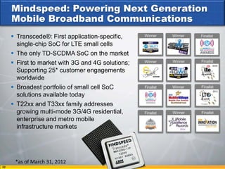 Mindspeed: Powering Next Generation
     Mobile Broadband Communications
      Transcede®: First application-specific,     Winner     Winner    Finalist

       single-chip SoC for LTE small cells
      The only TD-SCDMA SoC on the market
      First to market with 3G and 4G solutions;   Winner     Winner    Finalist
                                                                               2010

       Supporting 25* customer engagements
       worldwide
      Broadest portfolio of small cell SoC        Finalist   Winner    Finalist
                                                                               2011
       solutions available today
      T22xx and T33xx family addresses
       growing multi-mode 3G/4G residential,       Finalist   Winner    Finalist
       enterprise and metro mobile
       infrastructure markets                                    2010




      *as of March 31, 2012
22
 