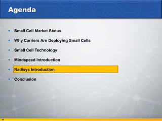 Agenda


        Small Cell Market Status

        Why Carriers Are Deploying Small Cells

        Small Cell Technology

        Mindspeed Introduction

        Radisys Introduction

        Conclusion




26
 