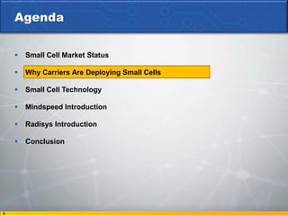 Agenda


       Small Cell Market Status

       Why Carriers Are Deploying Small Cells

       Small Cell Technology

       Mindspeed Introduction

       Radisys Introduction

       Conclusion




8
 