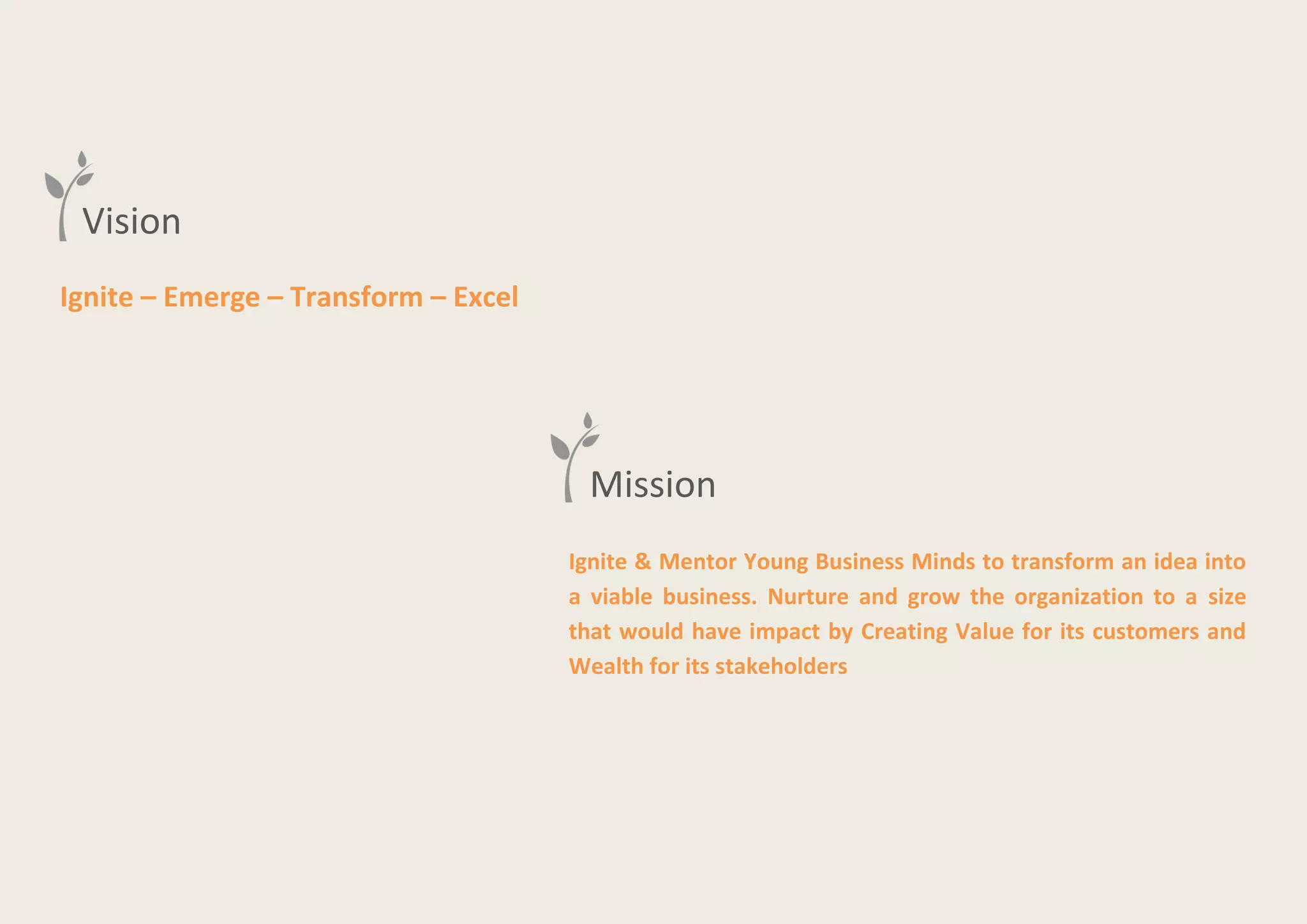 Ignite – Emerge – Transform – Excel
Ignite & Mentor Young Business Minds to transform an idea into
a viable business. Nurture and grow the organization to a size
that would have impact by Creating Value for its customers and
Wealth for its stakeholders
Vision
Mission
 
