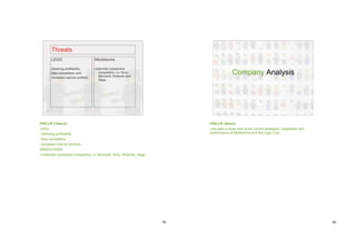 Threats
        LEGO                            Mindstorms

        Declining profitability;        Unfamiliar substantive
        New competitors; and              competitors, i.e. Sony,
                                          Microsoft, Nintendo and
                                                                                               Company Analysis
        Increased internal conflicts;
                                          Sega.




PHILLIP (15secs)                                                                PHILLIP (5secs)
LEGO                                                                            Lets take a closer look at the current strategies, capabilities and
-Declining profitability                                                        performance of Mindstorms and the Lego Core.
-New competitors
-Increased Internal conflicts
MINDSTORMS
•Unfamiliar substantial competitors i.e. Microsoft, Sony, Nintendo, Sega




                                                                           19                                                                         20
 