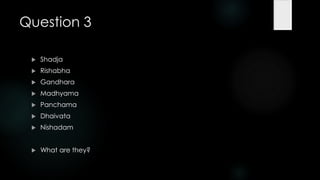 Question 3

    Shadja
    Rishabha
    Gandhara
    Madhyama
    Panchama
    Dhaivata
    Nishadam


    What are they?
 