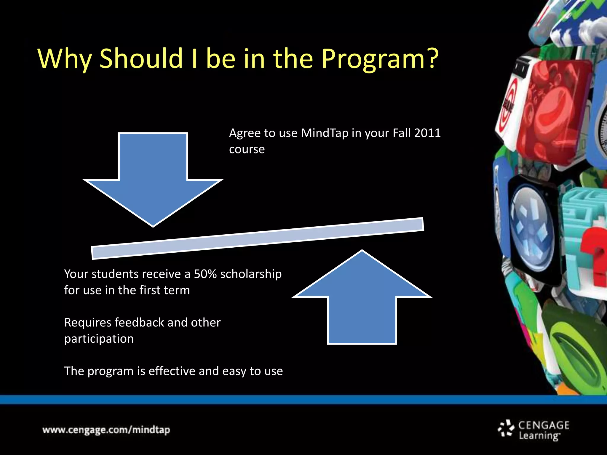 Why Should I be in the Program?Agree to use MindTap in your Fall 2011 courseYour students receive a 50% scholarship for use in the first termRequires feedback and other participationThe program is effective and easy to use