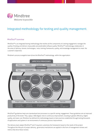 Integrated methodology for testing and quality management.


MindTest™ overview

MindTest™ is an integrated testing methodology that meshes all the components of a testing engagement, manages the
quality of testing, and delivers measurable and predictable software quality. MindTest™ methodology collaborates in
the areas of delivery, domain, technologies, tools, training, frameworks, quality, and knowledge management to meet the
customer's objectives.


Mindtree's process evangelist team drives the MindTest™ methodology within the organization.




MindTest™ guidelines help tune standardized test processes to a speciﬁc testing engagement. These guidelines aim at improved
productivity of the tester. They apply a 360-degree view to continuous improvement, resulting in greater eﬃciency, higher
quality, and lower cost. Mindtree has deﬁned this methodology based on best practices established through testing thousands
of applications and systems in an environment of continuous process improvement.


The delivery team adapts MindTest™ and if required, customizes the frameworks based on the needs of the project.
Throughout the lifecycle of project delivery, governance mechanisms are applied in the form of management reviews and
metrics that drive these reviews.
 