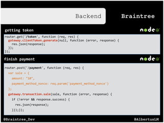 @AlbertusLM@Braintree_Dev
Backend
getting(token
router.get('/token',$function$(req,$res)${$
$$gateway.clientToken.generate(null,$function$(error,$response)${$
$$$$res.json(response);$
$$});$
});
finish(payment
router.post('/payment',$function$(req,$res)${$
$$var$sale$=${$
$$$$amount:$"10",$
$$$$payment_method_nonce:$req.param('payment_method_nonce')$
$$};$
$$gateway.transaction.sale(sale,$function$(error,$response)${$
$$$$if$(!error$&&$response.success)${$
$$$$$$res.json(response);$
$$$$}});});
Braintree
 