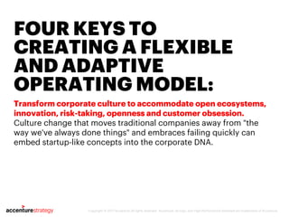 Copyright © 2017 Accenture All rights reserved. Accenture, its logo, and High Performance Delivered are trademarks of Accenture.
FOUR KEYS TO
CREATING A FLEXIBLE
AND ADAPTIVE
OPERATING MODEL:
Transform corporate culture to accommodate open ecosystems,
innovation, risk-taking, openness and customer obsession.
Culture change that moves traditional companies away from "the
way we've always done things" and embraces failing quickly can
embed startup-like concepts into the corporate DNA.
 