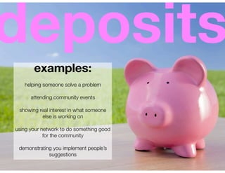 deposits
       examples:
   helping someone solve a problem

      attending community events

 showing real interest in what someone
          else is working on

using your network to do something good
            for the community

 demonstrating you implement people’s
             suggestions
 