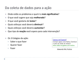Da coleta de dados para a ação
   Onde estão os problemas e qual é o mais significativo?
   O que você sugere que seja melhorado?
   O que você gostaria de testar?
   Quais esforços você deveria diminuir?
   Quais esforços você deveria aumentar?
   Que tipo de reação você espera para cada intervenção?


   Os 3 Estágios da ação:
     Saber o que fazer
     Querer fazer
     Fazer
                                                       Adwords FAIL Fictício
 