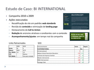 Estudo de Caso: BI INTERNATIONAL
   Campanha 2010 x 2009
   Ações executadas
       Recodificação do site em padrões web standards
       Revisão do conteúdo e otimização de landing page
       Destacamento do Call to Action
       Redação de anúncios atrativos e condizentes com o conteúdo
       Acompanhamento/ajustes em tempo real da campanha

    Links Patrocinados                   SEO
               2009   2010               Posicionamento                      Antes               Depois
    Verba      3X     X                  BI INTERNATIONAL                                 Var.
    Cliques    4943   3175
                                         BI International                            5       4            1
    Pos. Média 1,6    1,4
                                         Babson School Executive Education       173 171                  2
    CTR        -      Dobrou
    CPC Médio -       Caiu para metade   Instituto da Empresa Familiar               17     14            3
                                         Master Internacinal                     177 172                  5
                                         MBA Internacional                       100        99            1
                                         Strategic Club                              56     54            2
 