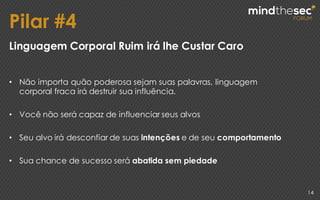 Pilar #4
14
Linguagem Corporal Ruim irá lhe Custar Caro
• Não importa quão poderosa sejam suas palavras, linguagem
corporal fraca irá destruir sua influência.
• Você não será capaz de influenciar seus alvos
• Seu alvo irá desconfiar de suas intenções e de seu comportamento
• Sua chance de sucesso será abatida sem piedade
 