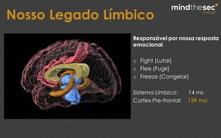 Nosso Legado Límbico
Responsável por nossa resposta
emocional
o Fight (Lutar)
o Flee (Fugir)
o Freeze (Congelar)
Sistema Límbico: 14 ms
Cortex Pre-frontal: 139 ms!
 