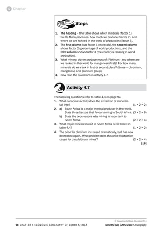 © Department of Basic Education 2014
98 CHAPTER 4 ECONOMIC GEOGRAPHY OF SOUTH AFRICA Mind the Gap CAPS Grade 12 Geography
Chapter
4
Steps
1. The heading – the table shows which minerals (factor 1)
South Africa produces, how much we produce (factor 2), and
where we are ranked in the world of production (factor 3).
2. The first column lists factor 1 (minerals), the second column
shows factor 2 (percentage of world production), and the
third column shows factor 3 (the country’s ranking in world
production).
3. What mineral do we produce most of (Platinum) and where are
we ranked in the world for manganese (first)? For how many
minerals do we rank in first or second place? (three – chromium,
manganese and platinum group)
4. Now read the questions in activity 4.7.
Activity 4.7
The following questions refer to Table 4.4 on page 97.
1. What economic activity does the extraction of minerals
fall into? (1 × 2 = 2)
2. a) 
South Africa is a major mineral producer in the world.
State three factors that favour mining in South Africa. (3 × 2 = 6)
b) State the two reasons why mining is important to
South Africa. (2 × 2 = 4)
3. What major mineral mined in South Africa is not listed in
table 4.4? (1 × 2 = 2)
4. The price for platinum increased dramatically, but has now
decreased again. What problem does this price fluctuation
cause for the platinum mines? (2 × 2 = 4)
[18]
 