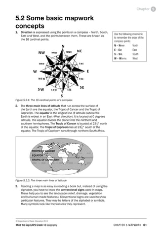 © Department of Basic Education 2014
Mind the Gap CAPS Grade 12 Geography CHAPTER 5 MAPWORK 101
Chapter 5
5.2 Some basic mapwork
concepts
1. Direction is expressed using the points on a compass – North, South,
East and West, and the points between them. These are known as
the 16 cardinal points.
Figure 5.2.1: The 16 cardinal points of a compass
2. The three main lines of latitude that run across the surface of
the Earth are the equator, the Tropic of Cancer and the Tropic of
Capricorn. The equator is the longest line of latitude (where the
Earth is widest in an East–West direction). It is located at 0 degrees
latitude. The equator divides the planet into the northern and
southern hemispheres. The Tropic of Cancer is located at 231
3° north
of the equator. The Tropic of Capricorn lies at 231
3° south of the
equator. The Tropic of Capricorn runs through northern South Africa.
Figure 5.2.2: The three main lines of latitude
3. Reading a map is as easy as reading a book but, instead of using the
alphabet, you have to know the conventional signs used in maps.
These help you to see the landscape (relief, drainage, vegetation
and huhuman-made features). Conventional signs are used to show
particular features. They may be letters of the alphabet or symbols.
Many symbols look like the features they represent.
Use the following mnemonic
to remember the order of the
compass points:
N – Never North
E – Eat East
S – Silk South
W – Worms West
TROPIC OF CANCER
EQUATOR
TROPIC OF CAPRICORN
 