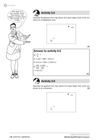 © Department of Basic Education 2014
110 CHAPTER 5 MAPWORK Mind the Gap CAPS Grade 12 Geography
Chapter
5
Activity 5.5
Calculate the gradient from trig. station 8 to spot height 1120, which are
shown on a topographic map.
• 1120
r
8
980
[5]
Answer to activity 5.5
G =
H 3
D
H: 1 120 − 980 = 140 m3
D: 4,4 cm × 500 = 2 200 m3
G:
140 : 2 200 3
140 140
= 1:15,713
[5]
Activity 5.6
Calculate the gradient from trig. station 8 to spot height 213, which are
shown on an orthophoto. [5]
• 213
r
8
121
Note that 8 is
the number of the
trig. station. The
height is written below
the triangle, i.e. it
is 980.
 