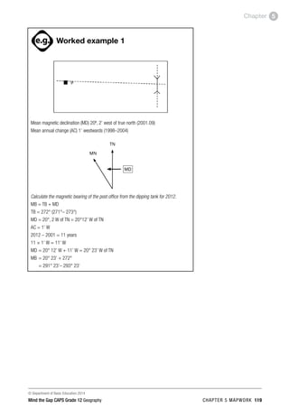 © Department of Basic Education 2014
Mind the Gap CAPS Grade 12 Geography CHAPTER 5 MAPWORK 119
Chapter 5
ACTIVITIES boy
and girl-left and
right of page
Step by step comment
EG - worked examples
HINT!
e.g.
hint
activity
activity
comment
exams
Worked example 1
Mean magnetic declination (MD) 20º, 2’ west of true north (2001.09)
Mean annual change (AC) 1’ westwards (1998–2004)
MD
TN
MN
Calculate the magnetic bearing of the post office from the dipping tank for 2012.
MB = TB + MD
TB = 272° (271°– 273°)
MD = 20°, 2 W of TN = 20°12’ W of TN
AC = 1’ W
2012 – 2001 = 11 years
11 × 1’ W = 11’ W
MD = 20° 12’ W + 11’ W = 20° 23’ W of TN
MB = 20° 23’ + 272°
= 291° 23’– 293° 23’
 