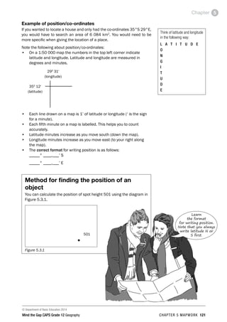 © Department of Basic Education 2014
Mind the Gap CAPS Grade 12 Geography CHAPTER 5 MAPWORK 121
Chapter 5
Example of position/co-ordinates
If you wanted to locate a house and only had the co-ordinates 35°S 29°E,
you would have to search an area of 6 084 km2
. You would need to be
more specific when giving the location of a place.
Note the following about position/co-ordinates:
• On a 1:50 000 map the numbers in the top left corner indicate
latitude and longitude. Latitude and longitude are measured in
degrees and minutes.
350
12'
(latitude)
290
31'
(longitude)
• Each line drawn on a map is 1’ of latitude or longitude (‘ is the sign
for a minute).
• Each fifth minute on a map is labelled. This helps you to count
accurately.
• Latitude minutes increase as you move south (down the map).
• Longitude minutes increase as you move east (to your right along
the map).
• The correct format for writing position is as follows:
_____° ____,___’ S
_____° ____,___’ E

Method for finding the position of an
object
You can calculate the position of spot height 501 using the diagram in
Figure 5.3.1.
•
Figure 5.3.1
Think of latitude and longitude
in the following way:
L A T I T U D E
O
N
G
I
T
U
D
E
501
Learn
the format
for writing position.
Note that you always
write latitude N or
S first.
 