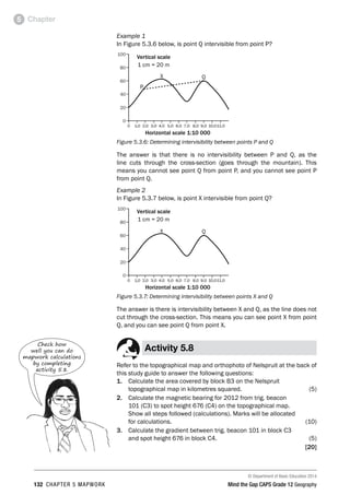 © Department of Basic Education 2014
132 CHAPTER 5 MAPWORK Mind the Gap CAPS Grade 12 Geography
Chapter
5
Example 1
In Figure 5.3.6 below, is point Q intervisible from point P?
Vertical scale
1 cm = 20 m
Horizontal scale 1:10 000
Figure 5.3.6: Determining intervisibility between points P and Q
The answer is that there is no intervisibility between P and Q, as the
line cuts through the cross-section (goes through the mountain). This
means you cannot see point Q from point P, and you cannot see point P
from point Q.
Example 2
In Figure 5.3.7 below, is point X intervisible from point Q?
Vertical scale
1 cm = 20 m
Horizontal scale 1:10 000
Figure 5.3.7: Determining intervisibility between points X and Q
The answer is there is intervisibility between X and Q, as the line does not
cut through the cross-section. This means you can see point X from point
Q, and you can see point Q from point X.
Activity 5.8
Refer to the topographical map and orthophoto of Nelspruit at the back of
this study guide to answer the following questions:
1. Calculate the area covered by block B3 on the Nelspruit
topographical map in kilometres squared. (5)
2. Calculate the magnetic bearing for 2012 from trig. beacon
101 (C3) to spot height 676 (C4) on the topographical map.
Show all steps followed (calculations). Marks will be allocated
for calculations. (10)
3. Calculate the gradient between trig. beacon 101 in block C3
and spot height 676 in block C4. (5)
[20]
Check how
well you can do
mapwork calculations
by completing
activity 5.8.
 