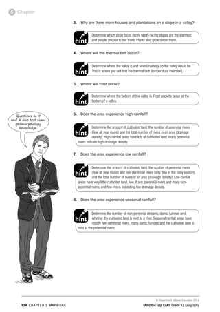 © Department of Basic Education 2014
134 CHAPTER 5 MAPWORK Mind the Gap CAPS Grade 12 Geography
Chapter
5
3. Why are there more houses and plantations on a slope in a valley?
Determine which slope faces north. North-facing slopes are the warmest
and people choose to live there. Plants also grow better there.
PAY SPECIAL ATTENTION
ACTIVITIES boy
and girl-left and
right of page
Step by step comment
EG - worked examples
HINT!
e.g.
NB NB
hint
activity
activity
comment
exams
4. Where will the thermal belt occur?
Determine where the valley is and where halfway up the valley would be.
This is where you will find the thermal belt (temperature inversion).
PAY SPECIAL ATTENTION
ACTIVITIES boy
and girl-left and
right of page
Step by step comment
EG - worked examples
HINT!
e.g.
NB NB
hint
activity
activity
comment
exams
5. Where will frost occur?
Determine where the bottom of the valley is. Frost pockets occur at the
bottom of a valley.
PAY SPECIAL ATTENTION
ACTIVITIES boy
and girl-left and
right of page
Step by step comment
EG - worked examples
HINT!
e.g.
NB NB
hint
activity
activity
comment
exams
6. Does the area experience high rainfall?
Determine the amount of cultivated land, the number of perennial rivers
(flow all year round) and the total number of rivers in an area (drainage
density). High-rainfall areas have lots of cultivated land, many perennial
rivers indicate high drainage density.
PAY SPECIAL ATTENTION
ACTIVITIES boy
and girl-left and
right of page
Step by step comment
EG - worked examples
HINT!
e.g.
NB NB
hint
activity
activity
comment
exams
7. Does the area experience low rainfall?
Determine the amount of cultivated land, the number of perennial rivers
(flow all year round) and non-perennial rivers (only flow in the rainy season),
and the total number of rivers in an area (drainage density). Low-rainfall
areas have very little cultivated land; few, if any, perennial rivers and many non-
perennial rivers; and few rivers, indicating low drainage density.
PAY SPECIAL ATTENTION
ACTIVITIES boy
and girl-left and
right of page
Step by step comment
EG - worked examples
HINT!
e.g.
NB NB
hint
activity
activity
comment
exams
8. Does the area experience seasonal rainfall?
Determine the number of non-perennial streams, dams, furrows and
whether the cultivated land is next to a river. Seasonal rainfall areas have
mostly non-perennial rivers, many dams, furrows and the cultivated land is
next to the perennial rivers.
PAY SPECIAL ATTENTION
ACTIVITIES boy
and girl-left and
right of page
EG - worked examples
HINT!
e.g.
NB NB
hint
activity
exams
Questions 6, 7
and 8 also test some
geomorphology
knowledge.
 