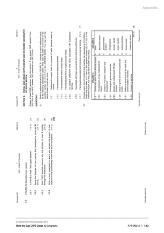 Appendix
© Department of Basic Education 2014
Mind the Gap CAPS Grade 12 Geography APPENDIX 1 143
Geography/P1
7
DBE/2014
NSC
–
Grade
12
Exemplar
Copyright
reserved
Please
turn
over
2.6
FIGURE
2.6
illustrates
river
capture.
2.6.1
Is
river
S
or
river
T
the
captor
stream?
(1
x
1)
(1)
2.6.2
Name
the
features
of
river
capture
that
developed
at
points
A,
B
and
C.
(3
x
1)
(3)
2.6.3
Give
TWO
possible
reasons
why
the
tributary
of
river
T
eroded
through
the
watershed.
(2
x
2)
(4)
2.6.4
Write
a
short
paragraph
in
which
you
explain
the
impact
of
river
capture
on
the
sustainability
of
the
river
as
an
ecosystem.
(4
x
2)
(8)
[75]
Geography/P1
8
DBE/2014
NSC
–
Grade
12
Exemplar
Copyright
reserved
Please
turn
over
SECTION
B:
RURAL
AND
URBAN
SETTLEMENTS
AND
ECONOMIC
GEOGRAPHY
OF
SOUTH
AFRICA
Answer
at
least
ONE
question
from
this
section.
If
you
answer
ONE
question
from
SECTION
B,
you
MUST
answer
TWO
questions
from
SECTION
A.
QUESTION
3
3.1
Refer
to
settlements
A
to
E
in
FIGURE
3.1.
Indicate
to
which
settlement
each
of
the
following
descriptions
refers.
Write
only
the
letter
(A–E)
next
to
the
question
number
(3.1.1–3.1.7)
in
the
ANSWER
BOOK.
You
may
use
the
same
answer
more
than
once.
3.1.1
3.1.2
3.1.3
3.1.4
3.1.5
3.1.6
3.1.7
Settlements
located
close
to
a
source
of
water
because
water
is
scarce
Farmsteads
that
are
dispersed/isolated
Farmsteads
that
follow
a
linear
shape
Farmsteads
that
have
a
roughly
circular
shape
An
isolated
settlement
most
likely
associated
with
subsistence
farming
Associated
with
large
commercial
farms
that
are
profit
driven
Farmsteads
associated
with
intensive
commercial
farming
(7
x
1)
(7)
3.2
Choose
a
term
from
COLUMN
B
that
matches
the
description
in
COLUMN
A.
Write
only
the
letter
(A–I)
next
to
the
question
number
(3.2.1–3.2.8)
in
the
ANSWER
BOOK.
You
may
use
each
answer
only
ONCE.
COLUMN
A
COLUMN
B
3.2.1
3.2.2
3.2.3
3.2.4
3.2.5
3.2.6
3.2.7
3.2.8
Goods
sold
within
South
Africa's
borders
The
extraction
of
raw
materials
from
nature
Linked
to
innovation,
research
and
development
Exchange
of
goods
and
services
Goods
sold
outside
South
Africa's
borders
Value
of
goods
and
services
produced
locally
Refers
to
services
such
as
roads
and
communication
networks
Provision
of
services
A
B
C
D
E
F
G
H
I
trade
secondary
sector
gross
domestic
product
infrastructure
primary
sector
export
market
tertiary
activities
home
market
quaternary
sector
(8
x
1)
(8)
 