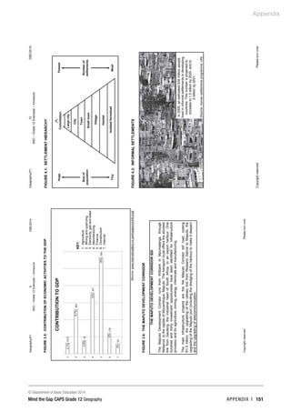 Appendix
© Department of Basic Education 2014
Mind the Gap CAPS Grade 12 Geography APPENDIX 1 151
Geography/P1
9
DBE/2014
NSC
–
Grade
12
Exemplar
–
Annexure
Copyright
reserved
Please
turn
over
FIGURE
3.5:
CONTRIBUTION
OF
ECONOMIC
ACTIVITIES
TO
THE
GDP
[Source:
www.internetmatters.co.za/images/contrib.png]
FIGURE
3.6:
THE
MAPUTO
DEVELOPMENT
CORRIDOR
THE
MAPUTO
DEVELOPMENT
CORRIDOR
SDI
The
Maputo
Development
Corridor
runs
from
Witbank
in
Mpumalanga,
through
Nelspruit,
to
the
capital
of
Mozambique,
Maputo.
The
transport
route
offers
the
shortest
link
from
Gauteng,
the
industrial
heart
of
South
Africa,
to
an
export
harbour.
One
hundred
and
thirty
investment
opportunities
have
been
identified
for
infrastructure
provision
and
for
agriculture,
mining,
energy,
chemicals
and
manufacturing.
The
main
infrastructure
projects
are
the
N4
Maputo
Corridor
toll
road,
costing
R1,5
billion,
the
upgrading
of
the
railway
line
from
Ressano
Garcia
to
Maputo,
the
upgrading
of
the
Maputo
port
(including
the
dredging
of
the
harbour
to
make
it
deeper)
and
the
upgrading
of
telecommunication.
CONTRIBUTION
TO
GDP
59
120
565
357
78
260
63,9
0
100
200
300
400
500
600
7
6
5
4
3
2
1
2,1%
8,7%
2,6%
12%
19%
4%
2%
KEY:
1.
Agriculture
2.
Mining
and
quarrying
3.
Electricity,
gas
and
water
4.
Manufacturing
5.
Finance
6.
Construction
7.
Internet
Geography/P1
10
DBE/2014
NSC
–
Grade
12
Exemplar
–
Annexure
Copyright
reserved
Please
turn
over
FIGURE
4.1:
SETTLEMENT
HIERARCHY
FIGURE
4.3:
INFORMAL
SETTLEMENTS
In
2005,
an
estimated
934
million
people
lived
in
informal
settlements
in
developing
countries.
This
number
is
projected
to
increase
to
1,5
billion
by
2020,
and
to
2
billion
by
2031.
[Source:
Human
settlements
programme:
UN]
Fewest
Number
of
settlements
Most
Conurbation
Large
city
City
Town
Small
town
Village
Hamlet
Isolated
farmstead
Huge
Size
of
population
Tiny
 