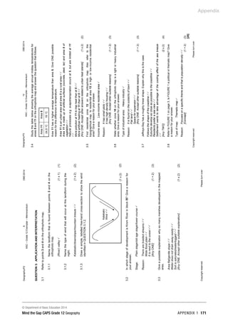 Appendix
© Department of Basic Education 2014
Mind the Gap CAPS Grade 12 Geography APPENDIX 1 171
Geography/P2
9
DBE/2014
NSC
–
Grade
12
Exemplar
–
Memorandum
Copyright
reserved
Please
turn
over
QUESTION
3:
APPLICATION
AND
INTERPRETATION
3.1
Refer
to
points
3
and
4
on
the
orthophoto
map.
3.1.1
Name
the
landform
that
is
found
between
points
3
and
4
on
the
orthophoto
map.
(River)
valley

(1
x
1)
(1)
3.1.2
Name
the
type
of
wind
that
will
occur
at
this
landform
during
the
night.
Katabatic/downslope/mountain
breeze

(1
x
2)
(2)
3.1.3
Draw
a
simple,
labelled
free-hand
cross-section
to
show
the
wind
identified
in
QUESTION
3.1.2.
(1
x
2)
(2)
3.2
In
which
stage
of
development
is
Krom
River
in
block
I5?
Give
a
reason
for
your
answer.
Stage:
Plain
stage/old
age
stage/lower
course

Reason:
There
are
braided
streams

Wide
flood
plain

It
is
next
to
the
ocean

[Any
ONE]
(1
+
2)
(3)
3.3
Give
a
possible
explanation
why
so
many
marshes
developed
in
the
mapped
area.
Area
flat/gentle
slope

Water
does
not
drain
away
easily

Soil
is
saturated/waterlogged

[Any
ONE.
Accept
other
suitable
explanation]
(1
x
2)
(2)
Katabatic
Wind

Geography/P2
10
DBE/2014
NSC
–
Grade
12
Exemplar
–
Memorandum
Copyright
reserved
Please
turn
over
3.4
Study
the
table
below
showing
the
average
annual
midday
temperatures
for
areas
5
and
11
on
the
orthophoto
map
and
answer
the
question
that
follows.
Area
11
Area
5
24,5
°C
19
°C
Area
11
has
a
higher
average
temperature
than
area
5.
Give
ONE
possible
reason
for
this
difference
in
temperature.
Area
11
is
an
urban
area
and
area
5
is
a
rural
area

Area
11
is
made
up
of
artificial
surfaces
(concrete,
steel,
tar)
and
area
5
of
vegetation

Natural
processes
e.g.
evapotranspiration
occurs
at
5,
but
are
limited
at
11

More
pollution
at
11
to
trap
heat
than
at
5

More
artificial
heating
at
11
than
at
5

[Any
ONE-
Accept
other
answers
related
to
urban
heat
islands]
(1
x
2)
(2)
3.5
Find
residential
zone
12
on
the
orthophoto
map.
Also
refer
to
the
topographical
map.
Is
residential
area
12
a
high-
or
low-income
residential
area?
Give
a
reason
for
your
answer.
Income
area:
Low-income
residential
area

Reason:
It
has
small
plots

It
has
high
density
housing

[Any
ONE.
Accept
other
suitable
reasons]
(1
+
2)
(3)
3.6
State
whether
zone
10
on
the
orthophoto
map
is
a
light
or
heavy
industrial
area.
Give
a
reason
for
your
answer.
Type
of
industrial
area:
Heavy
industry

Reason:
It
is
found
on
the
outskirts
of
town

Flat
land

Space
for
expansion

[Any
ONE.
Accept
other
suitable
reasons]
(1
+
2)
(3)
3.7
Jeffreys
Bay
has
a
roughly
linear
shape.
Explain
why
this
is
the
case.
Follows
the
shape
of
the
coastline

Suburbs
develop
as
close
as
possible
to
the
coastline

Residents
prefer
a
sea
view

Settlement
wants
to
take
advantage
of
the
cooling
effect
of
the
sea
breeze

[Any
TWO]
(2
x
2)
(4)
3.8
Refer
to
FIGURE
1
on
page
3.
Is
FIGURE
1
a
political
or
thematic
map?
Give
a
reason
for
your
answer.
Type
of
map:
Thematic
map

Reason:
Focuses
on
a
specific
theme
and
that
is
population
density

[Concept]
(1
+
2)
(3)
[25]
 