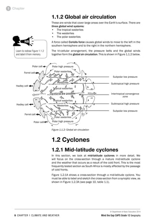 © Department of Basic Education 2014
6 CHAPTER 1 CLIMATE AND WEATHER Mind the Gap CAPS Grade 12 Geography
Chapter
1
1.1.2 Global air circulation
These are winds that cover large areas over the Earth’s surface. There are
three global wind systems:
• The tropical easterlies
• The westerlies
• The polar easterlies
A force called Coriolis force causes global winds to move to the left in the
southern hemisphere and to the right in the northern hemisphere.
The tri-cellular arrangement, the pressure belts and the global winds
together form the global air circulation. This is shown in Figure 1.1.2 below.
Polar cell Polar high pressure
Polar easterlies
Westerlies
Tropical easterlies
Equatorial low pressure
Tropical easterlies
Westerlies
Polar easterlies
Polar high pressure
Ferrel cell
Hadley cell
Hadley cell
Ferrel cell
Polar cell
Subpolar low pressure
Subtropical high pressure
Intertropical convergence
zone
Subtropical high pressure
Subpolar low pressure
Figure 1.1.2: Global air circulation
1.2 Cyclones
1.2.1 Mid-latitude cyclones
In this section, we look at mid-latitude cyclones in more detail. We
will focus on the cross-section through a mature mid-latitude cyclone
and the weather that occurs as a result of the cold front. This is the most
frequently tested section as South Africa is mostly affected by the passage
of cold fronts.
Figure 1.2.1A shows a cross-section through a mid-latitude cyclone. You
must be able to label and sketch the cross-section from a synoptic view, as
shown in Figure 1.2.3A (see page 10, table 1.1).
Learn to redraw Figure 1.1.2
and label it from memory.
PAY SPECIAL ATTENTION
ACTIVITIES boy
and girl-left and
right of page
Step by step comment
EG - worked examples
HINT!
e.g.
NB NB
hint
activity
activity
comment
exams
 