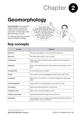 © Department of Basic Education 2014
Mind the Gap CAPS Grade 12 Geography CHAPTER 2 GEOMORPHOLOGY 21
Chapter 2
Geomorphology
Geomorphology is the study of the
landforms found on the Earth’s
surface and the processes that
create them. In this chapter, fluvial
geomorphology is covered.
The following table of key concepts
covers fluvial geomorphology.
Key concepts
Concept Definition
Base flow The flow of groundwater in the same direction as the river.
Base level The lowest level to which a river can erode.
Condensation When water vapour reaches dew point temperature and changes into
water droplets.
Deposition When a river deposits (lays down) the sediment it is carrying on the river
bed.
Drainage basin An area drained by a river system.
Erosion The removal of soil and wearing away of rocks by wind, water or ice.
Evaporation When water in the liquid form is converted (changed) into water vapour
(gas).
Fluvial hydrographs Show runoff of a river at particular time at a point on a river.
Groundwater Water stored below the ground in soil and rock.
Headward erosion When a river cuts back towards its source.
Infiltration/percolation A process whereby water seeps into the soil or rock.
Interception The process by which raindrops are prevented from falling to the ground
by plant leaves, stems and branches.
If you know and
understand these definitions
of fluvial geomorphology, then you
will be able to answer most of the
questions in the Geomorphology
section of the final exam.
Use mobile notes to learn these
key concepts. They are
easy marks!
 