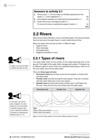 © Department of Basic Education 2014
26 CHAPTER 2 GEOMORPHOLOGY Mind the Gap CAPS Grade 12 Geography
Chapter
2
Answers to activity 2.1
1. Porous rock33, time for water to infiltrate (steepness of the
slope) 33, more vegetation33(6)
2. Groundwater supplies are replenished by precipitation33.(2)
3. South Africa has a shortage of water33.
To ensure we have a sustainable supply of water33.(2)
[10]
2.2 Rivers
When there is less infiltration, more runoff takes place. This starts as sheet
flow but very soon the water flows in a path called channel flow.
When we study rivers we look at them in different ways:
• Types of rivers
• River discharge
• Drainage basins
• Stages and profiles of rivers
2.2.1 Types of rivers
The water table refers to the surface of the water-saturated part of the
ground. The height of the water table changes each season. This gives rise
to different types of rivers. Rivers are classified depending on when (or if)
the river valley cuts into the water table.
There are three types of rivers:
• Permanent rivers flow all year round and are always in contact with
the water table.
• Periodic rivers only flow during the rainy season. They are in contact
with the water table only in the rainy season.
• Episodic rivers only flow after heavy rainfall when runoff flows into
the river. They do not come into contact with the water table.
Permanent river Periodic river Episodic river
KEY:
Water table (rainy season)
Water table (dry season)
Figure 2.2.1A: Cross section of the three different types of rivers
In paper 2 you may be asked
to identify the types of rivers.
AL ATTENTION
ACTIVITIES boy
and girl-left and
right of page
p comment
ed examples
NB
comment
In the exam, you may be
given a diagram of a cross
section of a river and asked
to identify the type of river.
Learn to identify the different
river types by redrawing and
labelling Figure 2.2.1A.
PAY SPECIAL ATTENTION
EG - worked examples
HINT!
e.g.
NB NB
hint
activity
exams
 