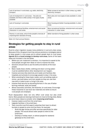 © Department of Basic Education 2014
Mind the Gap CAPS Grade 12 Geography CHAPTER 3 RURAL SETTLEMENT AND URBAN SETTLEMENT 49
Chapter 3
Lack of services in rural areas, e.g. water, electricity,
transport
Better access to services in urban areas, e.g. water,
electricity, transport
Lack of employment in rural areas – few jobs are
available and there is little variety in the types of jobs
available
More jobs and more types of jobs available in urban
areas
Lack of housing in rural areas More housing and better housing available in urban
areas
Lack of recreational facilities, entertainment and social
interaction in rural areas
More recreational facilities, entertainment and social
interaction in urban areas
Poverty in rural areas, which limits people's chances of
improving their standard of living.
Better standard of living possible in urban areas
Table 3.2: Push and pull factors
Strategies for getting people to stay in rural
areas
Rural to urban migration causes many problems in rural and urban areas.
Because of this, the government has various solutions or strategies (plans)
to keep people in rural areas and to attract people back to rural areas.
Agenda 21 is a broad strategy to develop rural areas. Some of the basic
ideas are included in the list below:
• Before you can implement a solution, it is important to speak to the
local people and get their ideas on how to improve the area.
• Solutions should look to use the skills and talents of the local
people.
• Basic needs (food, shelter, clothing and clean running water)
must be satisfied before other development can happen.
• Improve services (like electricity and roads) and facilities (like
hospitals and schools) to encourage people to stay in the area.
• When providing for these basic needs, such as building roads or
clinics, use local labour and train people so they can use their
new skill or trade to earn a living in the area.
• Improve food security by educating farmers in the use of better
farming methods, tools and seeds.
• Attract secondary activities, like factories, to rural areas. Encourage
these industries to use local raw materials and skills to ensure
rural people are employed.
Rural depopulation does not only affect rural areas but also small
towns. Many people are leaving small towns to move to the big cities. Below
are some basic ideas to consider when improving small towns:
• Improve roads to and from the small town.
• Upgrade facilities in the small town.
• Town councils must find ways to advertise their town to attract
tourists or people to come and live there, for example:
–
– Build old age homes and offer services specifically for older
people. This would attract older people to retire to the
small town.
–
– Develop a holiday resort, or attract people for weekend
getaways to the small town.
 