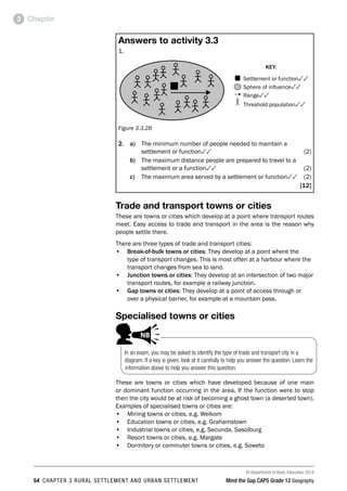 © Department of Basic Education 2014
54 CHAPTER 3 RURAL SETTLEMENT AND URBAN SETTLEMENT Mind the Gap CAPS Grade 12 Geography
Chapter
3
Answers to activity 3.3
1.
KEY:
Settlement or function33
Sphere of influence33
Range33
Threshold population33
Figure 3.3.2B
2. a) 
The minimum number of people needed to maintain a
settlement or function33(2)
b) The maximum distance people are prepared to travel to a
settlement or a function33(2)
c) The maximum area served by a settlement or function33(2)
[12]
Trade and transport towns or cities
These are towns or cities which develop at a point where transport routes
meet. Easy access to trade and transport in the area is the reason why
people settle there.
There are three types of trade and transport cities:
• Break-of-bulk towns or cities: They develop at a point where the
type of transport changes. This is most often at a harbour where the
transport changes from sea to land.
• Junction towns or cities: They develop at an intersection of two major
transport routes, for example a railway junction.
• Gap towns or cities: They develop at a point of access through or
over a physical barrier, for example at a mountain pass.
Specialised towns or cities
These are towns or cities which have developed because of one main
or dominant function occurring in the area. If the function were to stop
then the city would be at risk of becoming a ghost town (a deserted town).
Examples of specialised towns or cities are:
• Mining towns or cities, e.g. Welkom
• Education towns or cities, e.g. Grahamstown
• Industrial towns or cities, e.g. Secunda, Sasolburg
• Resort towns or cities, e.g. Margate
• Dormitory or commuter towns or cities, e.g. Soweto
In an exam, you may be asked to identify the type of trade and transport city in a
diagram. If a key is given, look at it carefully to help you answer the question. Learn the
information above to help you answer this question.
PAY SPECIAL ATTENTION
ACTIVITIES boy
and girl-left and
EG - worked examples
HINT!
e.g.
NB NB
hint
activity
exams
 