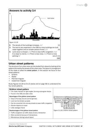 © Department of Basic Education 2014
Mind the Gap CAPS Grade 12 Geography CHAPTER 3 RURAL SETTLEMENT AND URBAN SETTLEMENT 57
Chapter 3
Answers to activity 3.4
1.
Land
value
City profile
Figure 3.3.3C
2. The density of the buildings increases. 33(2)
3. The land is very expensive in the CBD so many buildings are built
closer together and on smaller pieces of land. 33  (4)
4. Land value is cheaper 33/There is less traffic congestion 33/
It is closer to clients 33/There is less noise 33/There is more
parking33 (any 2) (4)
[12]
Urban street patterns
The structure of an urban area can be studied from above by looking at the
patterns formed by the streets of the urban area. The layout or arrangement
of the roads is called the street pattern. In this section we focus on four
street patterns:
• Gridiron
• Radial
• Planned irregular
• Unplanned irregular
Study Figures 3.3.3A to D to G (below and on page 58) to understand the
four street patterns.
Gridiron street pattern
• The roads intersect at right angles, forming rectangular blocks.
• Found in the CBD and older cities
Advantages of the gridiron street pattern
• Easy to find way around (cannot get lost)
• Land can be divided up easily
• Can be converted into one-way streets to ease traffic congestion
• Shorter distance to travel
• Little wastage of land
Disadvantages of the gridiron street pattern
• Traffic congestion as traffic stops at every intersection
• More accidents because of intersections
• Monotonous (boring) suburb layout
Figure 3.3.3D: Gridiron street pattern
land value
 