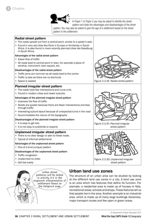 © Department of Basic Education 2014
58 CHAPTER 3 RURAL SETTLEMENT AND URBAN SETTLEMENT Mind the Gap CAPS Grade 12 Geography
Chapter
3
In Paper 1 or Paper 2 you may be asked to identify the street
pattern and state the advantages and disadvantages of the street
pattern. You may also be asked to give the age of a settlement based on the street
pattern in the settlement.
PAY SPECIAL ATTENTION
ACTIVITIES boy
and girl-left and
right of page
Step by step comment
EG - worked examples
HINT!
e.g.
NB NB
hint
activity
activity
comment
exams
Radial street pattern
• The roads spread out from a central point, similar to a spider’s web.
• Found in very old cities like Paris in Europe or Kimberley in South
Africa. It is also found in more recently planned cities like Sasolburg
in South Africa.
Advantages of the radial street pattern
• Easier flow of traffic
• All roads lead to central point in town, for example a place of
worship, monument, town square, etc.
Disadvantages of the radial street pattern
• Traffic jams are common as all roads lead to the centre
• Traffic is slow as there are no shortcuts
• Space is wasted Figure 3.3.3E: Radial street pattern
Planned irregular street pattern
• The roads have few intersections and curve a lot.
• Found in modern cities and newer suburbs
Advantages of the planned irregular street pattern
• Improves the flow of traffic
• Roads are quieter because there are fewer intersections and less
through-traffic
• Interesting suburb layout because of unexpected turns in the road
• Accommodates the nature of the topography
Disadvantages of the planned irregular street pattern
• It is easy to get lost.
• It is not easy to subdivide or expand.
Figure 3.3.3F: 
Planned irregular
street pattern
Unplanned irregular street pattern
• There is no clear design or plan to these roads.
• Typical of informal settlements
Advantages of the unplanned street pattern
• One of a kind (unique) pattern
Disadvantages of the unplanned street pattern
• Traffic congestion
• Unplanned/no order
• Get lost easily
Figure 3.3.3G: 
Unplanned irregular
street pattern
Urban land use zones
The structure of an urban area can be studied by looking
at the different land use zones in a city. A land use zone
is an area which has features that define its function. For
example, a residential area is made up of houses or flats,
recreational areas, schools and shops. These features tell us
that people live in the area. Another example is an industrial
area, which is made up of many large buildings (factories),
major transport routes and few open or green areas.
Urban street
patterns will be tested
in activity 3.5 in the
mapwork interpretation of
settlement based on
the Nelspruit map.
 