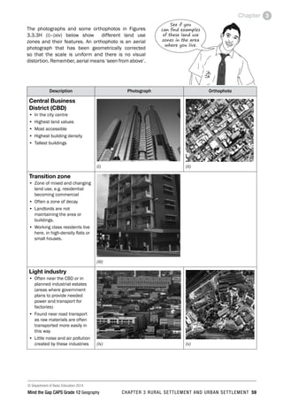 © Department of Basic Education 2014
Mind the Gap CAPS Grade 12 Geography CHAPTER 3 RURAL SETTLEMENT AND URBAN SETTLEMENT 59
Chapter 3
The photographs and some orthophotos in Figures
3.3.3H (i)–(xiv) below show different land use
zones and their features. An orthophoto is an aerial
photograph that has been geometrically corrected
so that the scale is uniform and there is no visual
distortion. Remember, aerial means ‘seen from above’.
Description Photograph Orthophoto
Central Business
District (CBD)
• In the city centre
• Highest land values
• Most accessible
• Highest building density
• Tallest buildings
(i) (ii)
Transition zone
• Zone of mixed and changing
land use, e.g. residential
becoming commercial
• Often a zone of decay
• Landlords are not
maintaining the area or
buildings.
• Working class residents live
here, in high-density flats or
small houses.
(iii)
Light industry
• Often near the CBD or in
planned industrial estates
(areas where government
plans to provide needed
power and transport for
factories)
• Found near road transport
as raw materials are often
transported more easily in
this way
• Little noise and air pollution
created by these industries (iv) (v)
See if you
can find examples
of these land use
zones in the area
where you live.
 