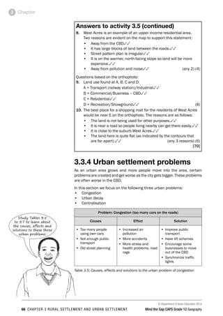 © Department of Basic Education 2014
66 CHAPTER 3 RURAL SETTLEMENT AND URBAN SETTLEMENT Mind the Gap CAPS Grade 12 Geography
Chapter
3
Study Tables 3.5
to 3.7 to learn about
the causes, effects and
solutions to these three
urban problems.
Answers to activity 3.5 (continued)
8. West Acres is an example of an upper income residential area.
Two reasons are evident on the map to support this statement:
• Away from the CBD33
• It has large blocks of land between the roads.33
• Street pattern plan is irregular33
• It is on the warmer, north-facing slope so land will be more
expensive.33
• Away from pollution and noise33 (any 2) (4)
Questions based on the orthophoto:
9. Land use found at A, B, C and D:
A = Transport (railway station)/Industrial33
B = Commercial/Business – CBD33
C = Residential33
D = Recreation/Showground33(8)
10. The best place for a shopping mall for the residents of West Acres
would be near E on the orthophoto. The reasons are as follows:
• The land is not being used for other purposes.33
• It is near a road so people living nearby can get there easily.33
• It is close to the suburb West Acres.33
• The land here is quite flat (as indicated by the contours that
are far apart).33 (any 3 reasons) (6)
[70]
3.3.4 Urban settlement problems
As an urban area grows and more people move into the area, certain
problems are created and get worse as the city gets bigger. These problems
are often worse in the CBD.
In this section we focus on the following three urban problems:
• Congestion
• Urban decay
• Centralisation
Problem: Congestion (too many cars on the roads)
Causes Effect Solution
• Too many people
using own cars
• Not enough public
transport
• Old street planning
• Increased air
pollution
• More accidents
• More stress and
health problems; road
rage
• Improve public
transport
• Have lift schemes
• Encourage some
businesses to move
out of the CBD
• Synchronize traffic
lights
Table 3.5: Causes, effects and solutions to the urban problem of congestion
 